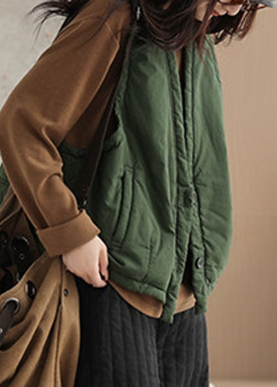 Casual Grass Green V Neck Thick Waistcoat Sleeveless