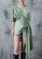 Casual Green Asymmetrical Patchwork Cotton Shirt Top Summer
