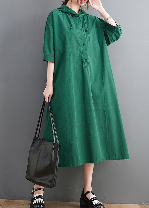 Casual Green Button Neck Tie Cotton Hooded Long Dress Summer