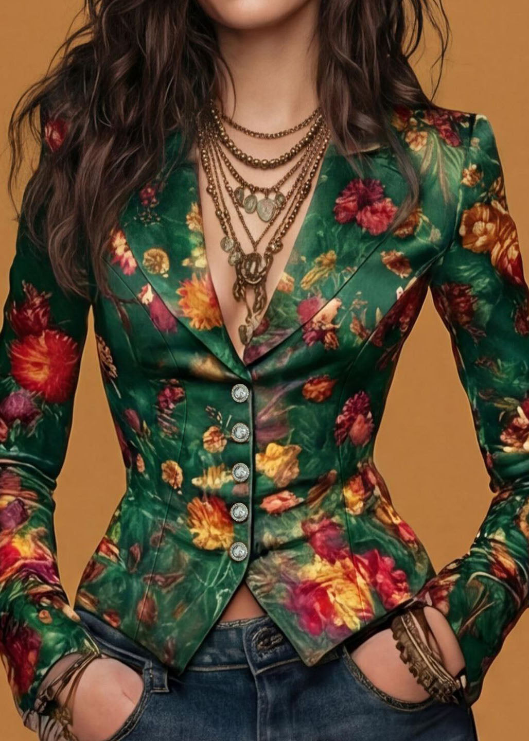 Casual Green Button Print Cotton Suit Coat Fall