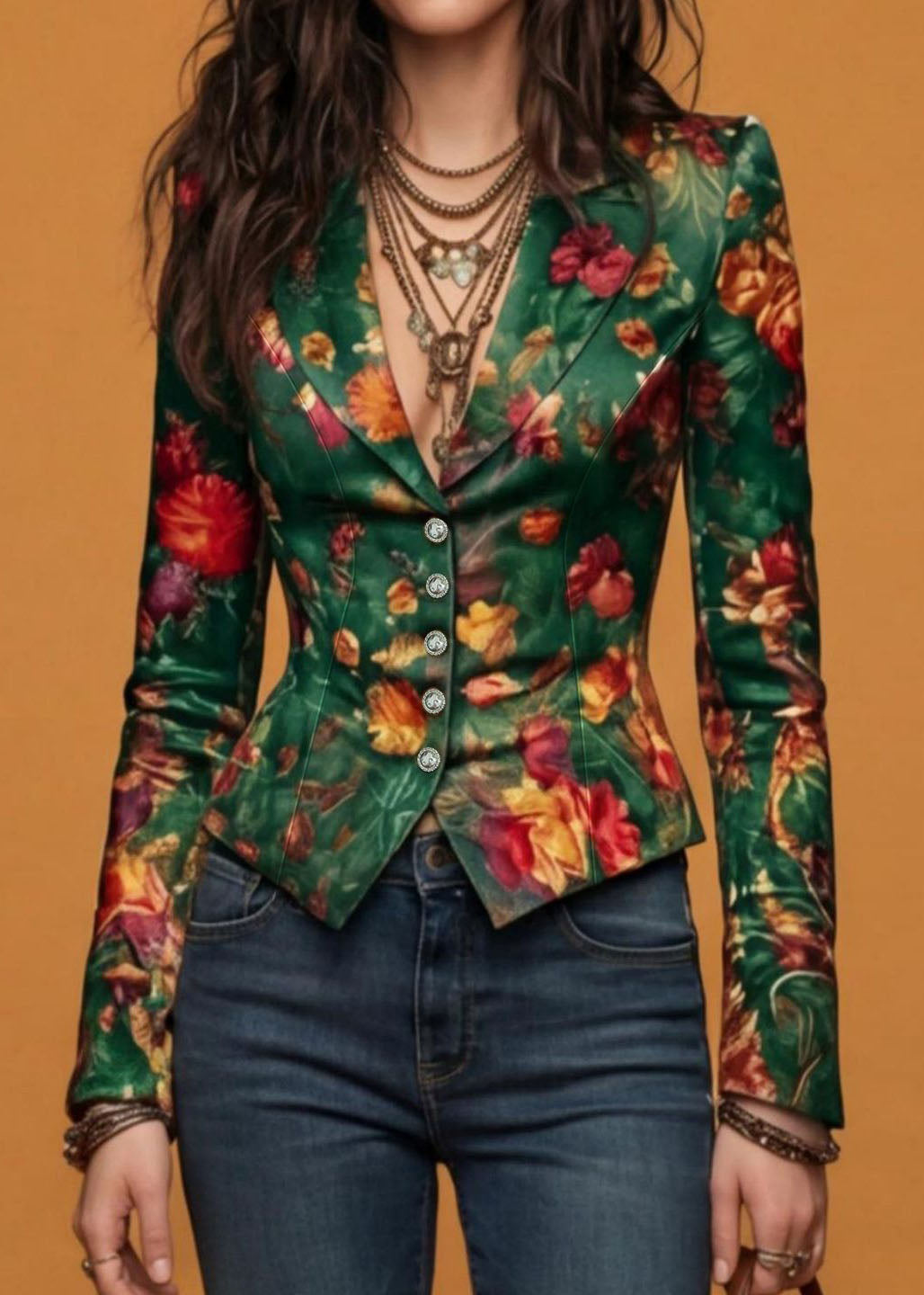 Casual Green Button Print Cotton Suit Coat Fall