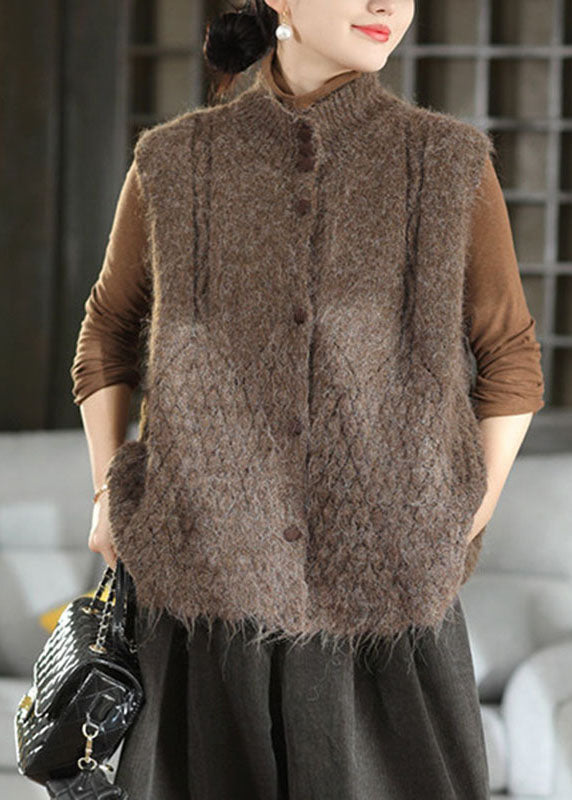 Casual Green Button Solid Cotton Knit Waistcoat Sleeveless