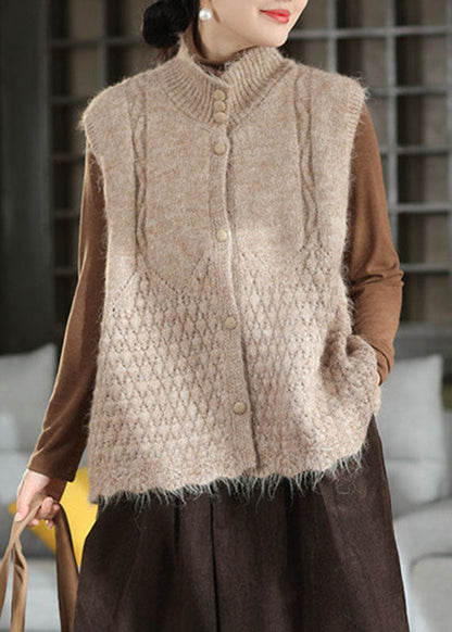 Casual Green Button Solid Cotton Knit Waistcoat Sleeveless
