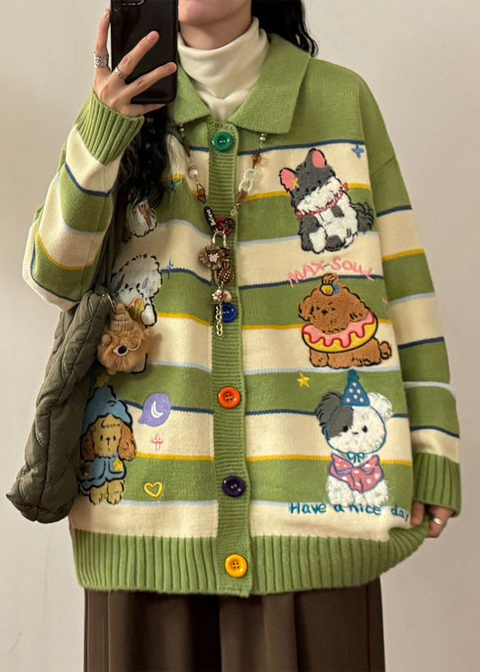 Casual Green Embroidered Striped Knit Coats Spring