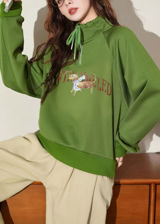 Casual Green Hooded Print Warm Fleece Pullover Streetwear Winter