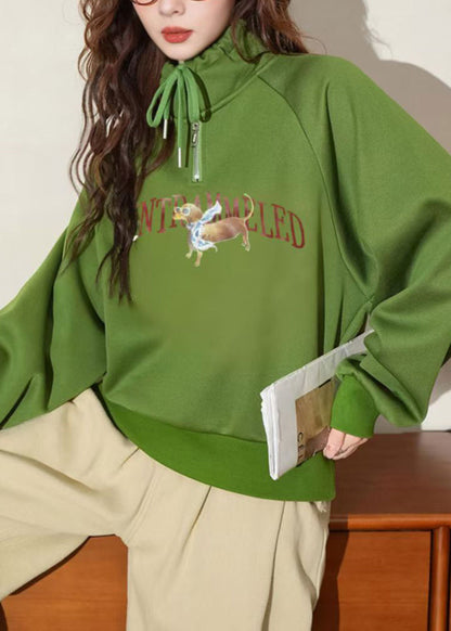 Casual Green Hooded Print Warm Fleece Pullover Streetwear Winter