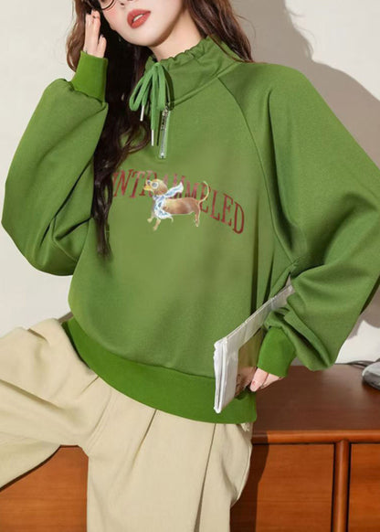 Casual Green Hooded Print Warm Fleece Pullover Streetwear Winter