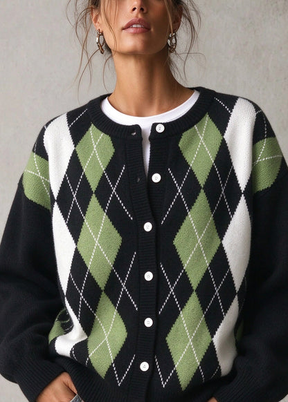 Casual Green O Neck Plaid Button Knit Cardigan Fall