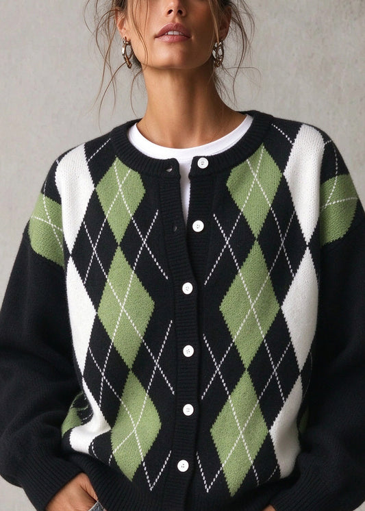 Casual Green O Neck Plaid Button Knit Cardigan Fall