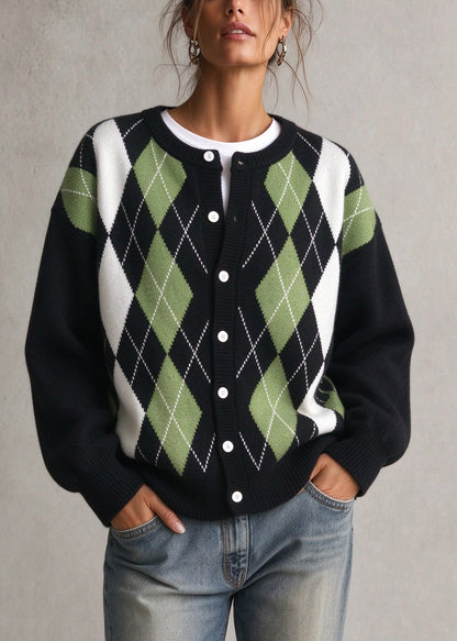 Casual Green O Neck Plaid Button Knit Cardigan Fall