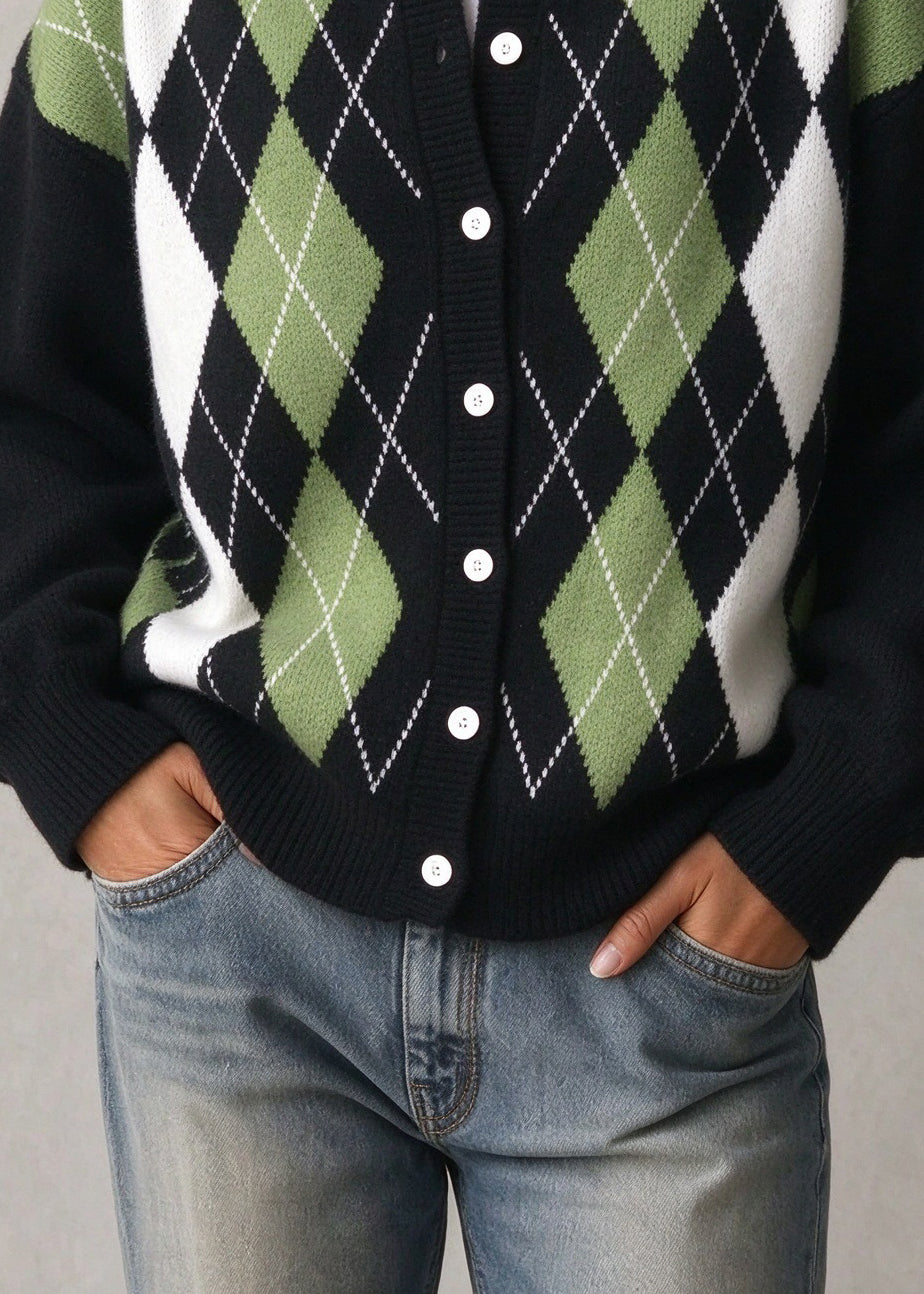 Casual Green O Neck Plaid Button Knit Cardigan Fall