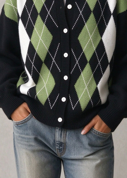 Casual Green O Neck Plaid Button Knit Cardigan Fall