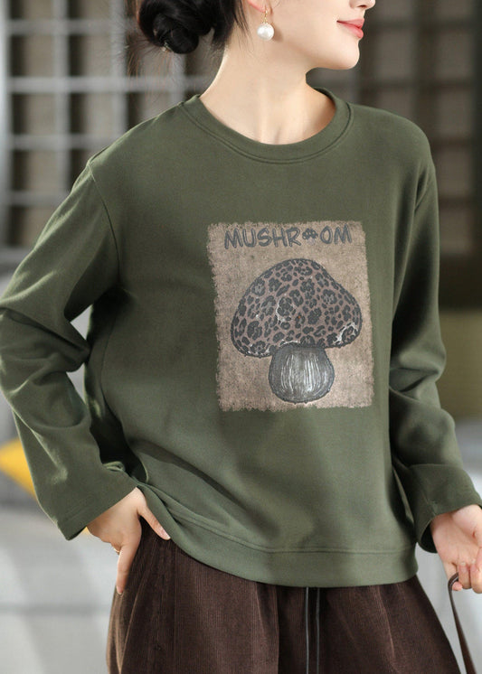 Casual Green O Neck Print Cotton Sweatshirts Top Fall