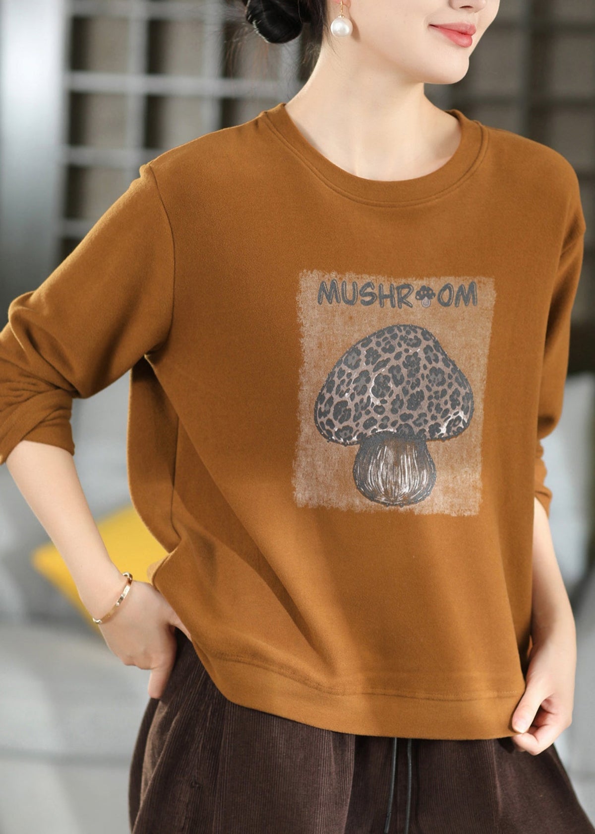 Casual Green O Neck Print Cotton Sweatshirts Top Fall