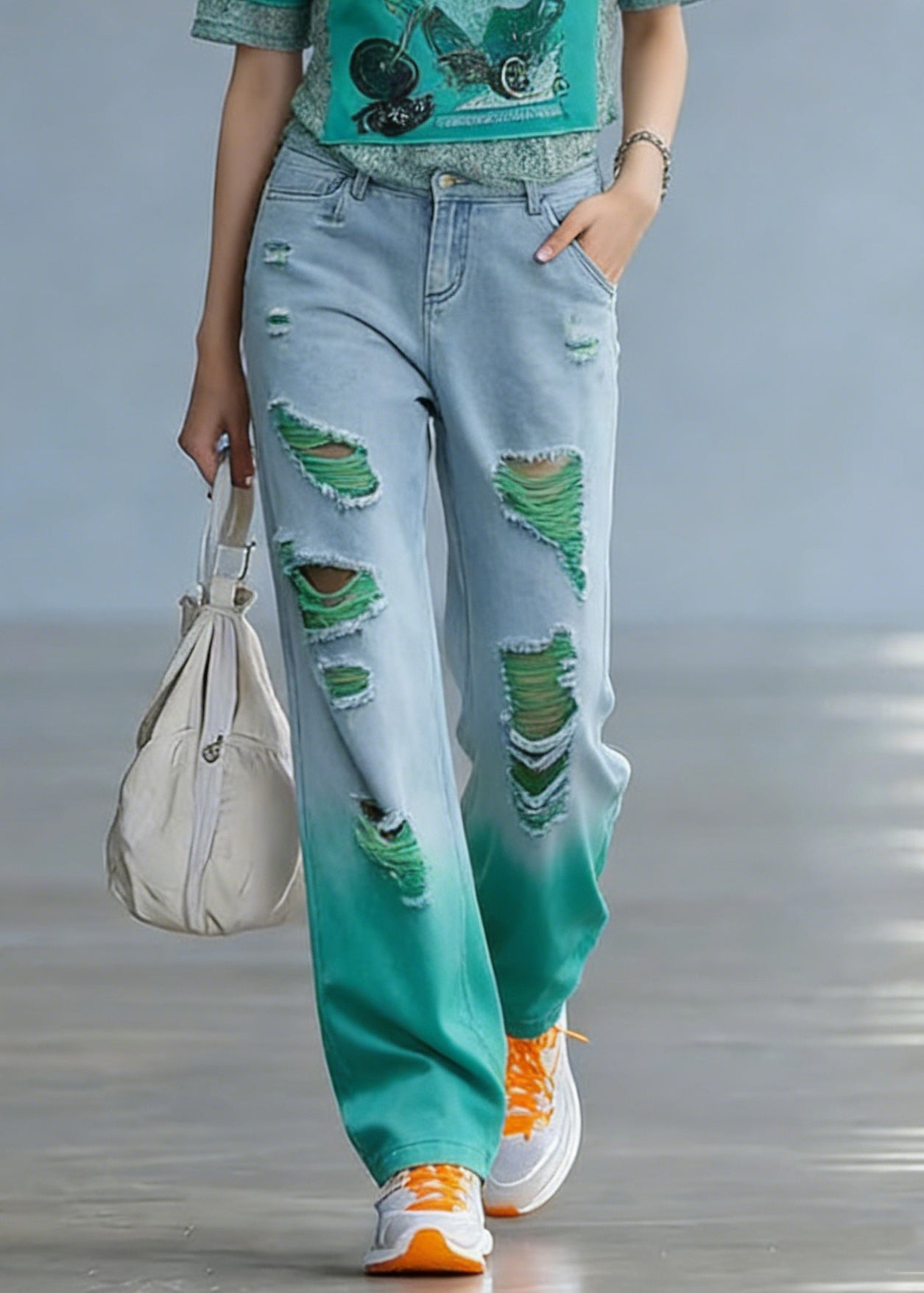 Casual Green O-Neck Print Hole Denim T Shirt And Straight Pants Two Pieces Set Short Sleeve