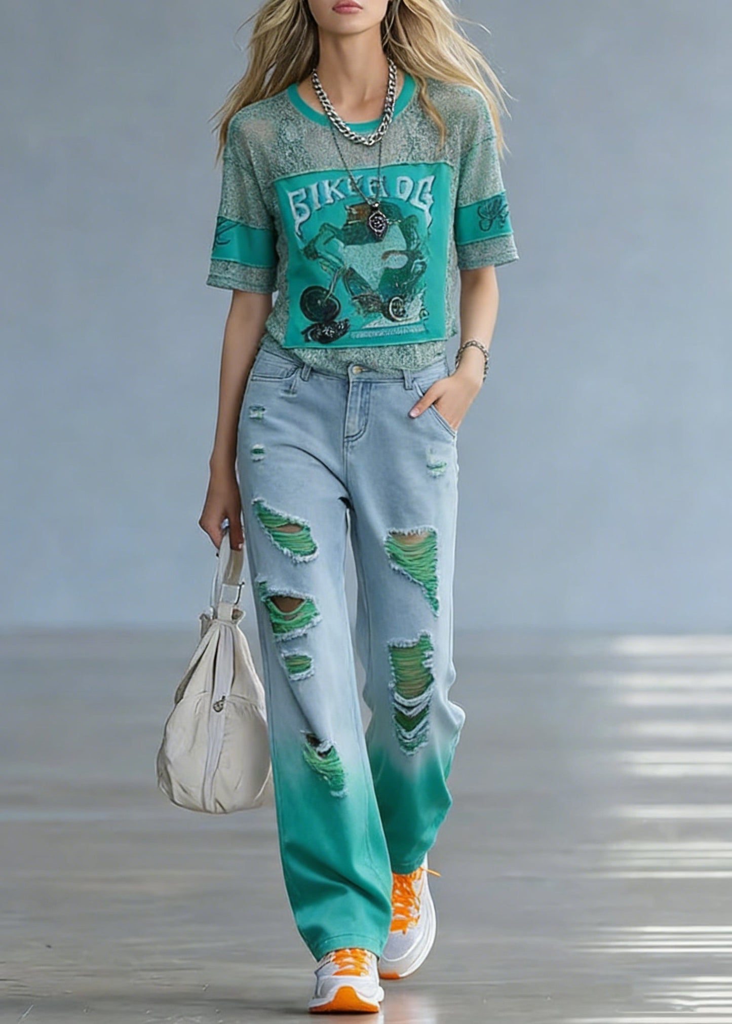 Casual Green O-Neck Print Hole Denim T Shirt And Straight Pants Two Pieces Set Short Sleeve