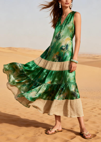 Casual Green Oversized Patchwork Tie Dye Chiffon Long Dress Summer