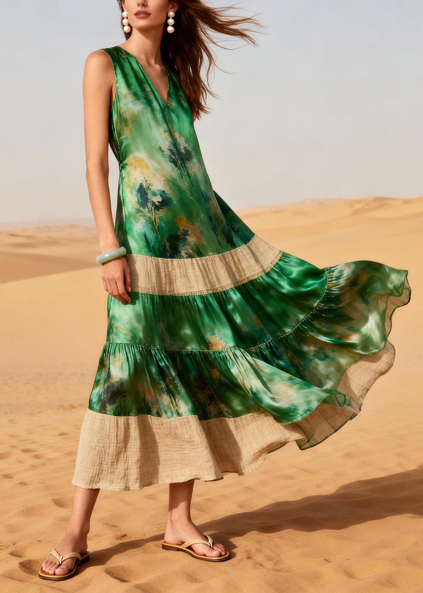 Casual Green Oversized Patchwork Tie Dye Chiffon Long Dress Summer
