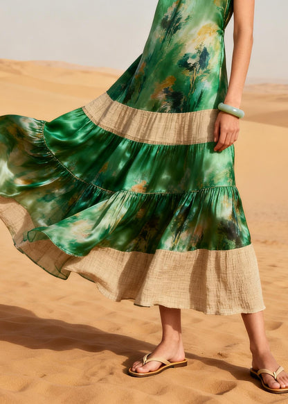 Casual Green Oversized Patchwork Tie Dye Chiffon Long Dress Summer