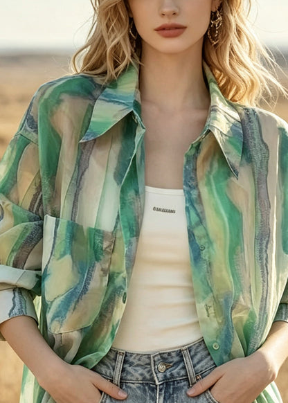 Casual Green Oversized Tie Dye Chiffon UPF 50+ Shirt Summer