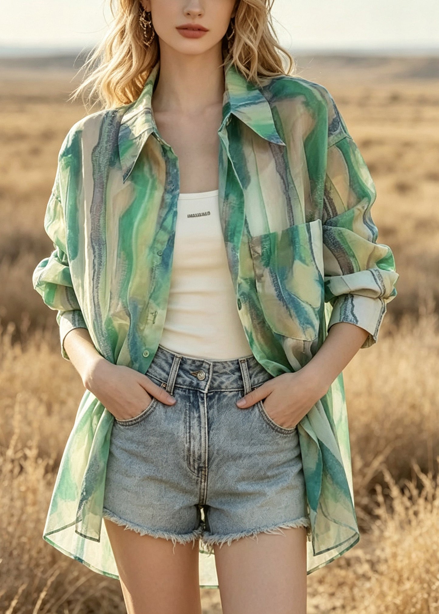 Casual Green Oversized Tie Dye Chiffon UPF 50+ Shirt Summer
