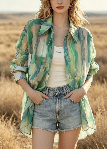 Casual Green Oversized Tie Dye Chiffon UPF 50+ Shirt Summer