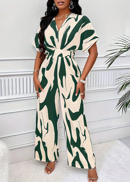 Casual Green Patchwork Tunic Jumpsuit Short Sleeve