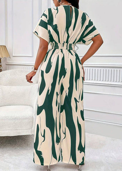 Casual Green Patchwork Tunic Jumpsuit Short Sleeve