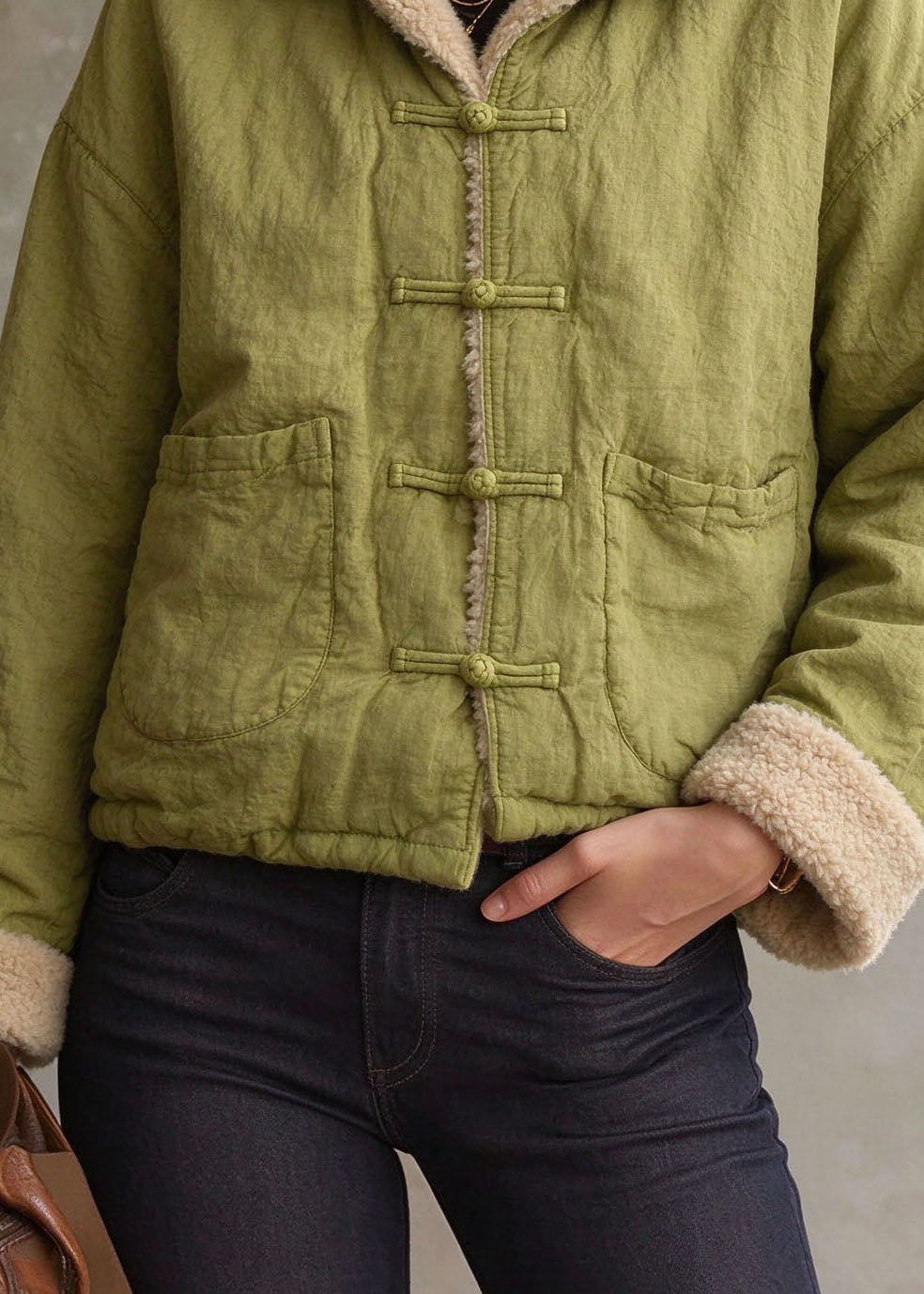Casual Green Peter Pan Collar Pockets Fuzzy Wool Lined Linen Parka Long Sleeve