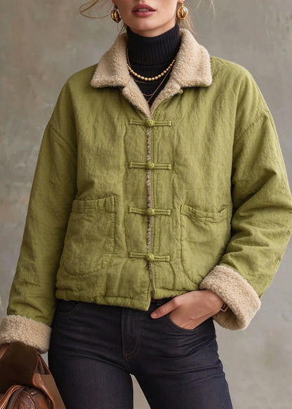 Casual Green Peter Pan Collar Pockets Fuzzy Wool Lined Linen Parka Long Sleeve