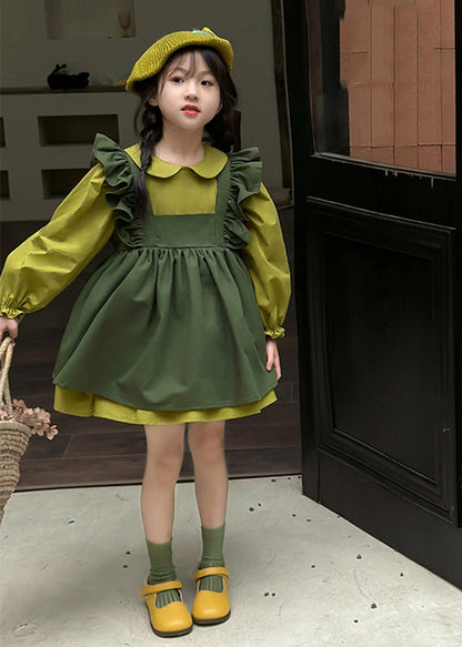 Casual Green Peter Pan Collar Ruffled Kids Long Waistcoat And Mid DressTwo Pieces Set Long Sleeve