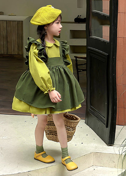 Casual Green Peter Pan Collar Ruffled Kids Long Waistcoat And Mid DressTwo Pieces Set Long Sleeve