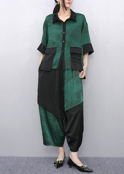 Casual Green Peter Pan Collar Top And Wide Leg Pants Two Pieces Set Summer