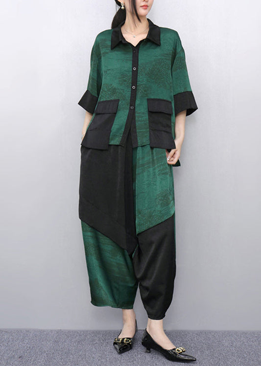 Casual Green Peter Pan Collar Top And Wide Leg Pants Two Pieces Set Summer