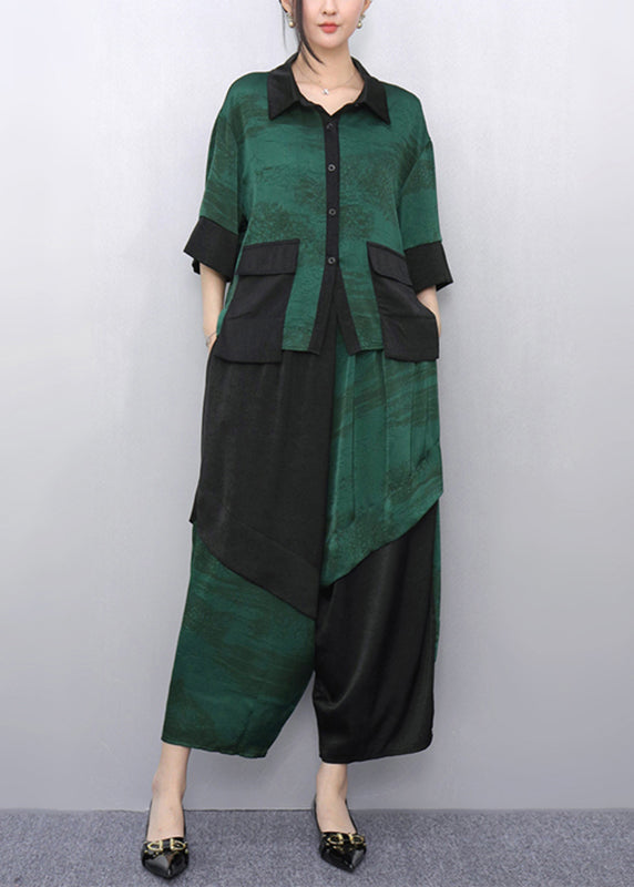 Casual Green Peter Pan Collar Top And Wide Leg Pants Two Pieces Set Summer