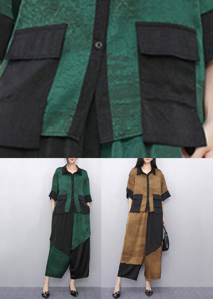 Casual Green Peter Pan Collar Top And Wide Leg Pants Two Pieces Set Summer