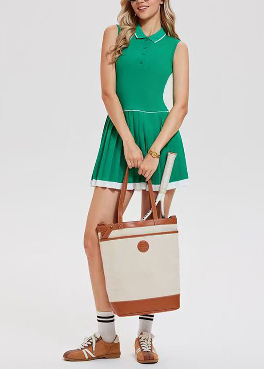 Casual Green Polo Collar Built-In Shorts With Pockets Sleeveless Tennis Pleated Dress