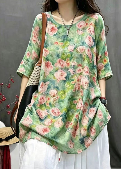 Casual Green Print O-Neck Long Blouses Bracelet Sleeve