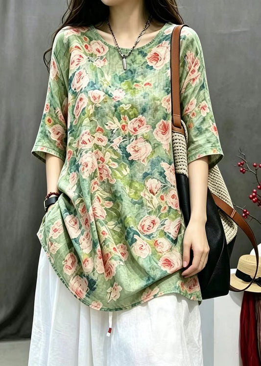 Casual Green Print O-Neck Long Blouses Bracelet Sleeve