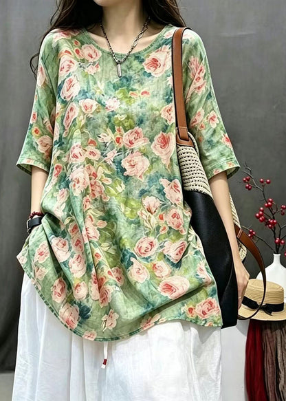 Casual Green Print O-Neck Long Blouses Bracelet Sleeve