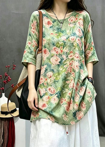 Casual Green Print O-Neck Long Blouses Bracelet Sleeve