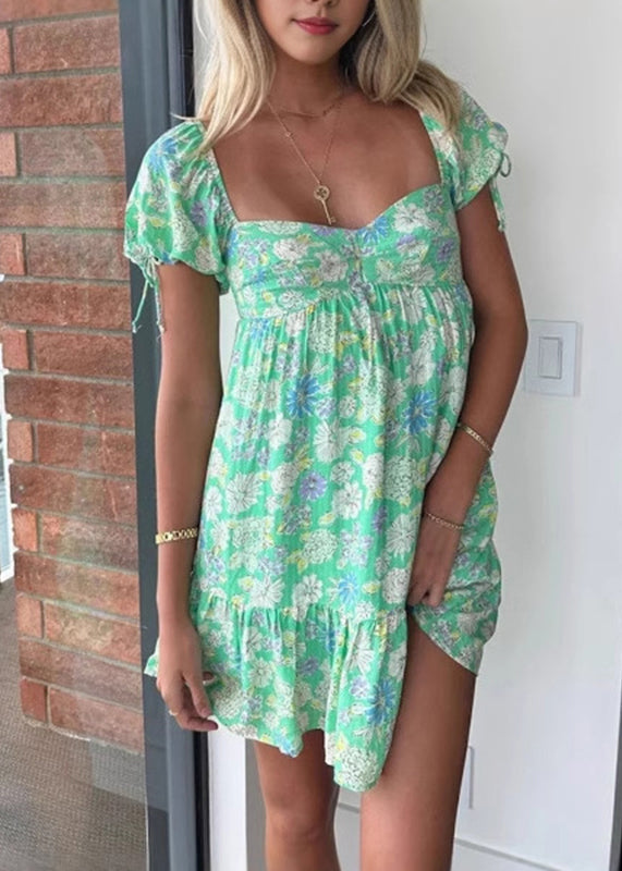 Casual Green Print Patchwork Mid Dresses Short Sleeve