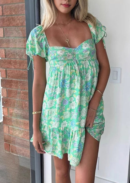 Casual Green Print Patchwork Mid Dresses Short Sleeve