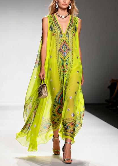 Casual Green Print Sparkly Draping Chiffon Holiday Dresses Summer