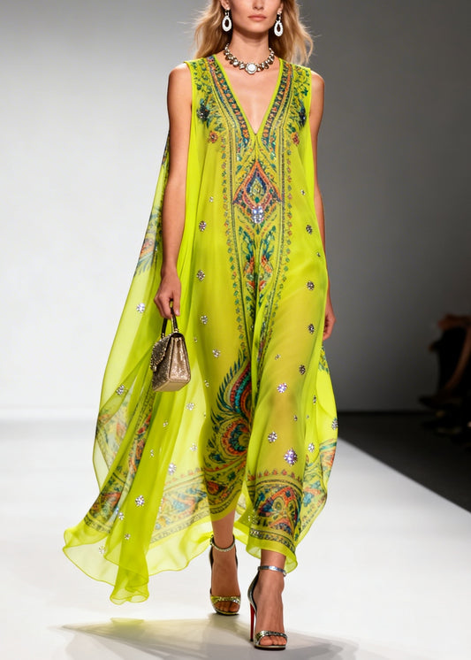 Casual Green Print Sparkly Draping Chiffon Holiday Dresses Summer