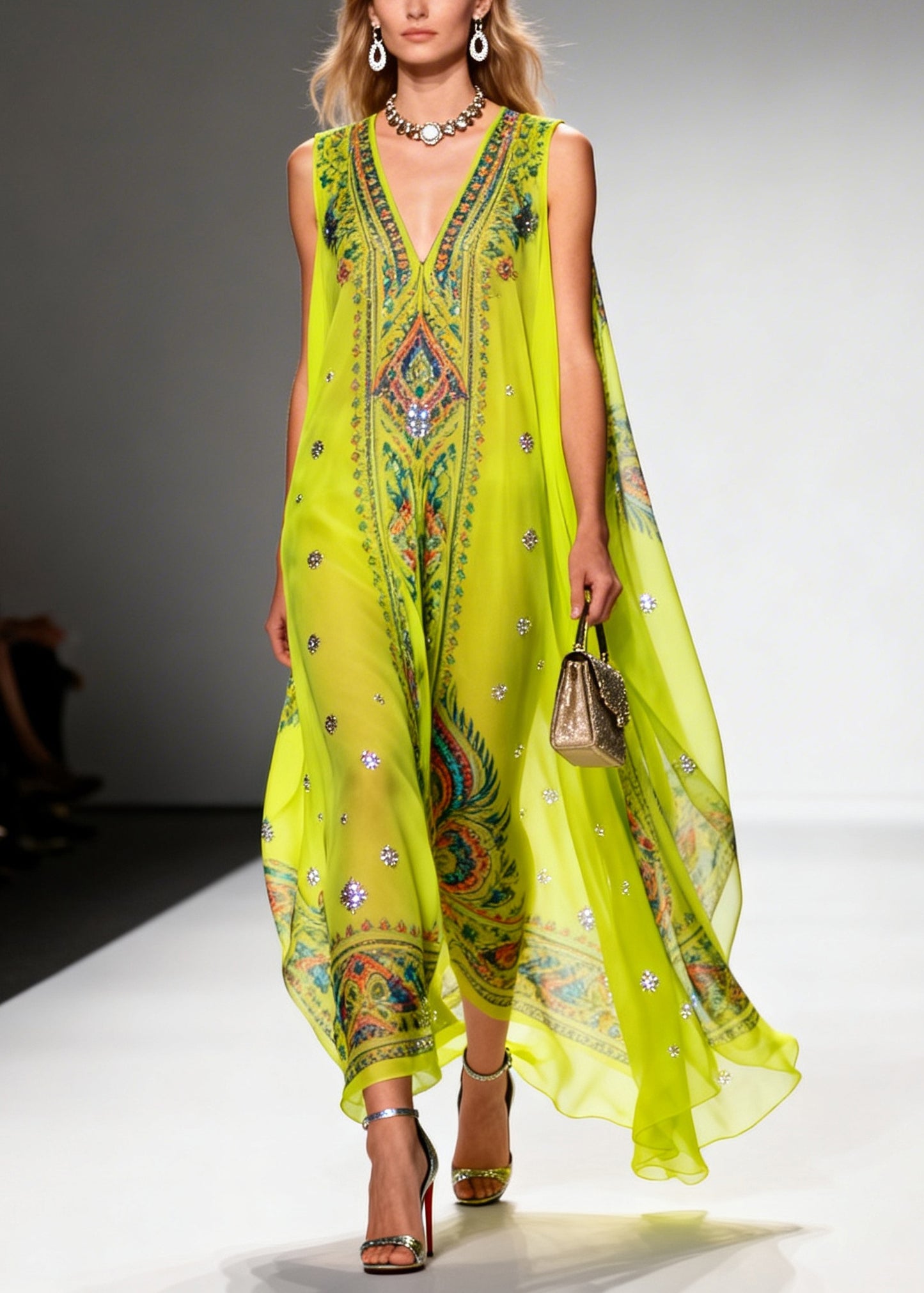 Casual Green Print Sparkly Draping Chiffon Holiday Dresses Summer