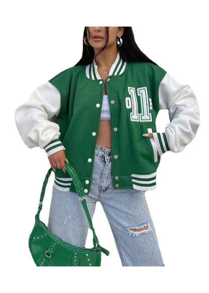 Casual Green Printed Thick Baseball Uniform Coat Autumn