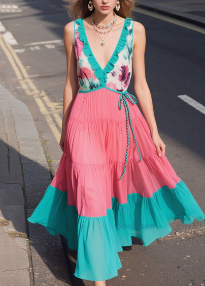 Casual Green Ruffled Patchwork Chiffon Sun Dresses Summer