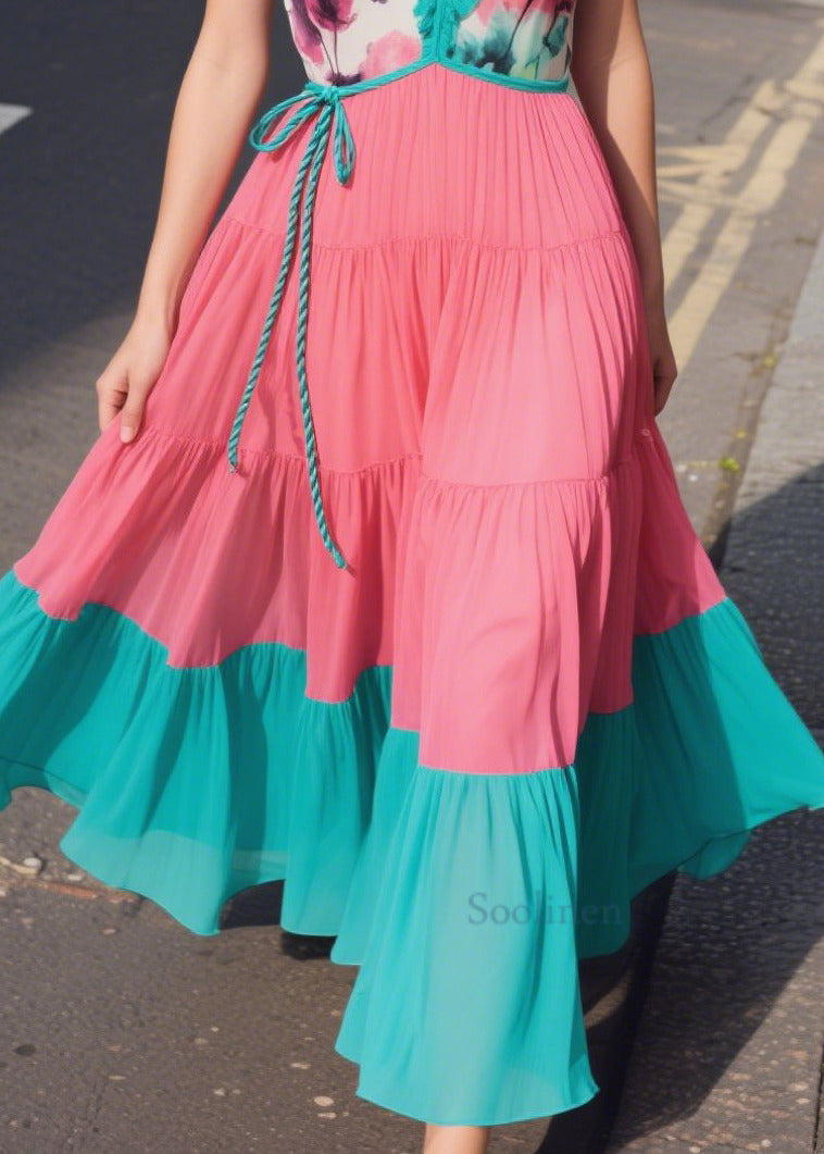 Casual Green Ruffled Patchwork Chiffon Sun Dresses Summer