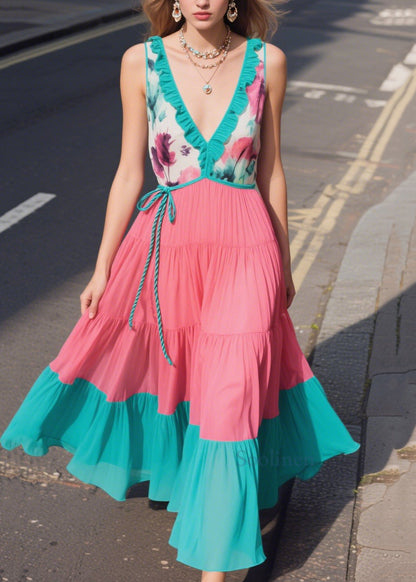 Casual Green Ruffled Patchwork Chiffon Sun Dresses Summer